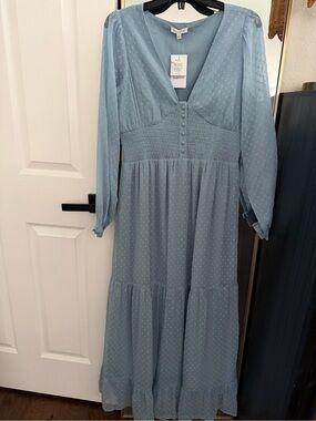 Blue Long Sleeve Maxi Dress with Smocked Waist
